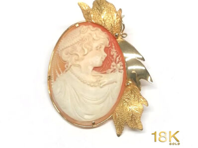 Spilla cammeo conchiglia in oro 18K, vintage
