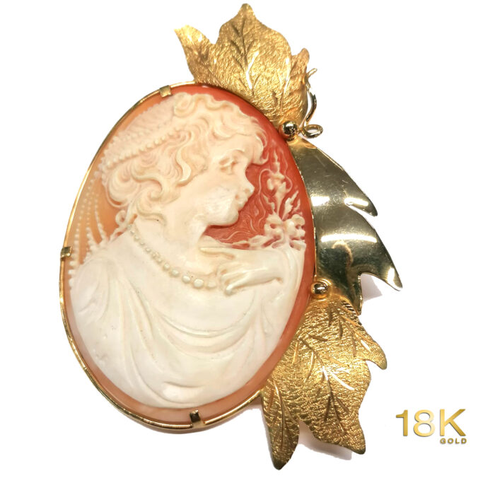 Spilla cammeo conchiglia in oro 18K, vintage - immagine 2