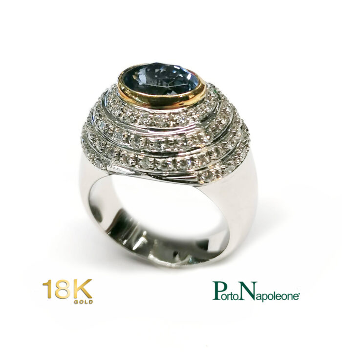 Anello Oro bianco 18k con Zaffiro e Brillanti Naturali